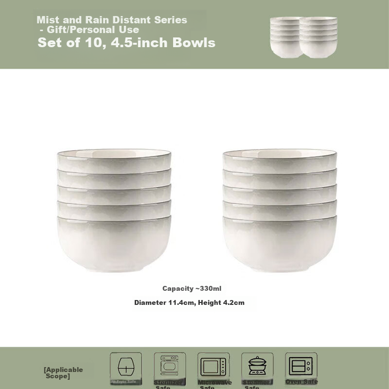 Pearson Luxury Ceramic Rice Bowls with Underglaze Color, 4.5-Inch Soup and Noodle Bowls, Set of 10