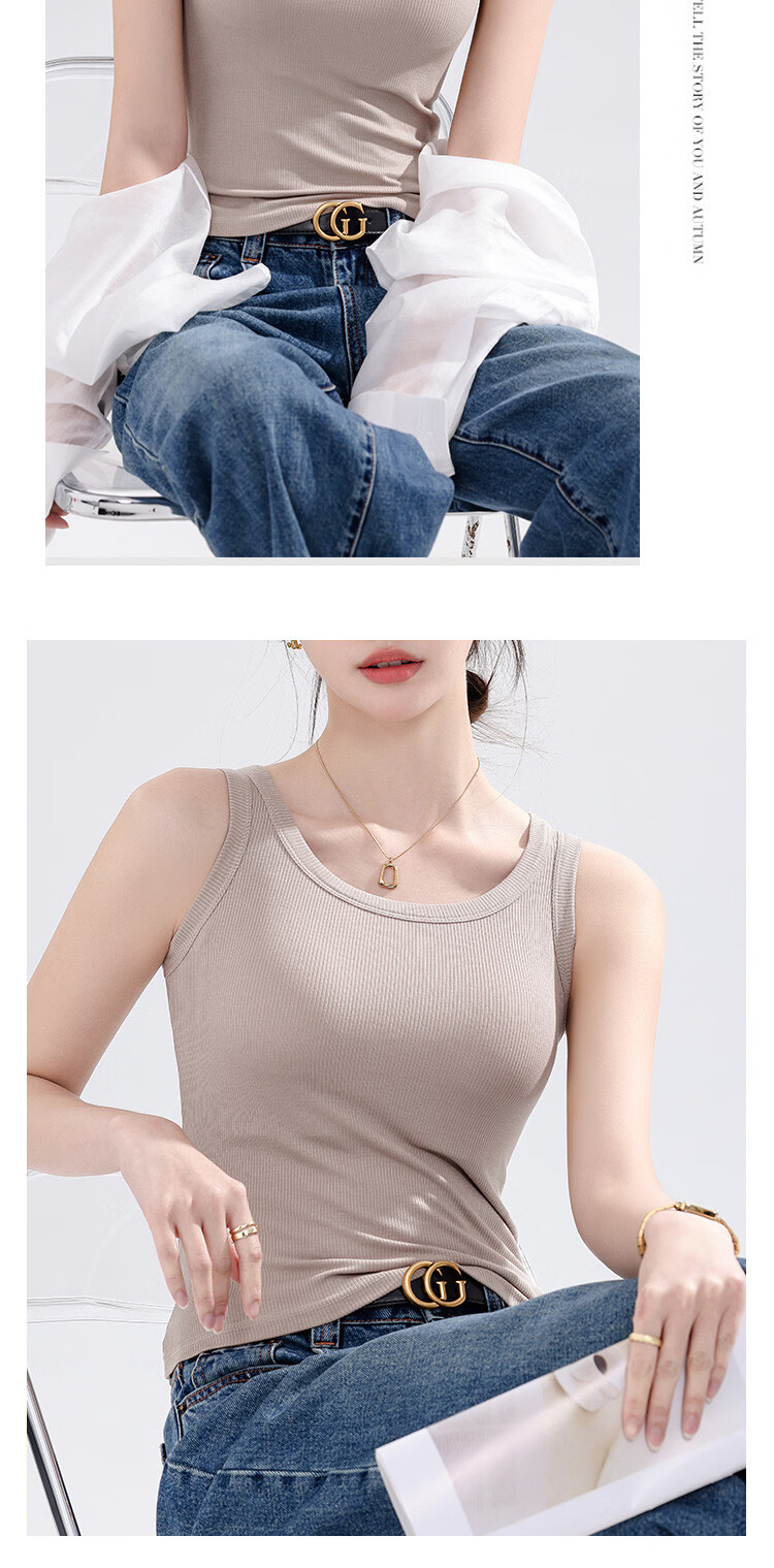 Langsha Women's White Ribbed Sleeveless Tank Top Casual Sportswear Summer Light Coffee L 16