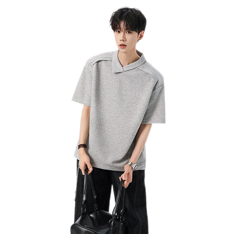 Foss Phil Premium Deconstructed Collar T-Shirt Men Summer Irregular Design Polo Shirt Short Sleeve DT54401 Black 3XL
