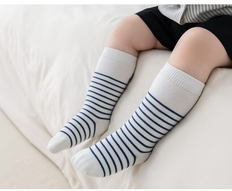 Five Cotton 3-Pair Pack Baby Socks Spring Summer Striped Combed Cotton Calf Socks Class A Seamless Soft Cuff Non-Binding Mid-Calf Baby Socks 6