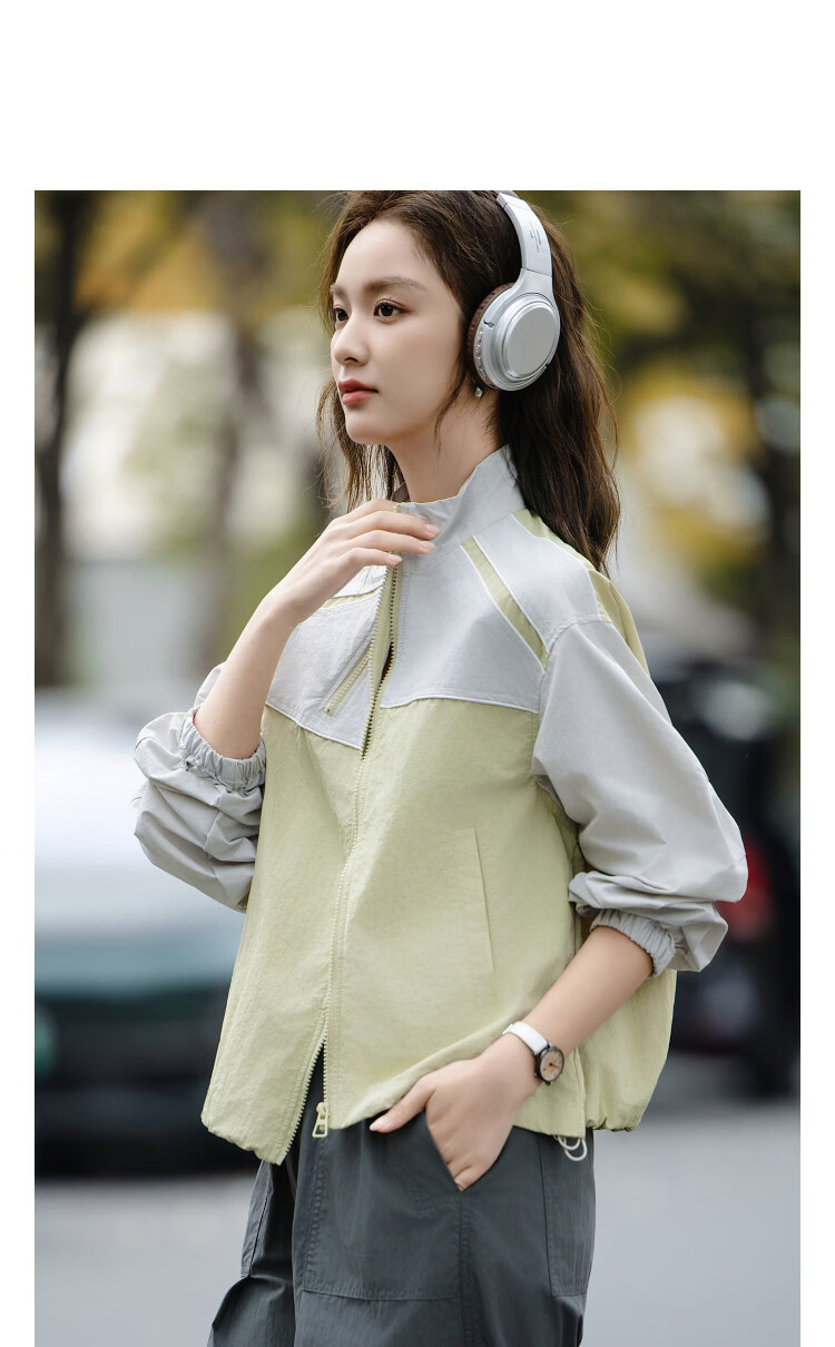 Demana [Urban Light Travel] Spring Outdoor Sports Stand Collar Elastic Cuff Color-Block Trim Loose Fit Petite Women's Jacket 13
