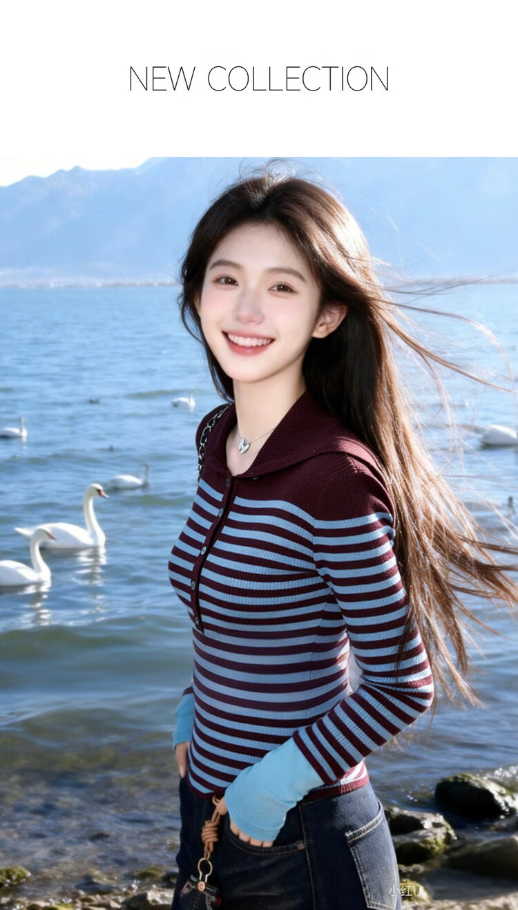 MT Striped Retro Color-Block Lapel Sweater Slim Fit Wool Blend Knit Top for Women Spring 1