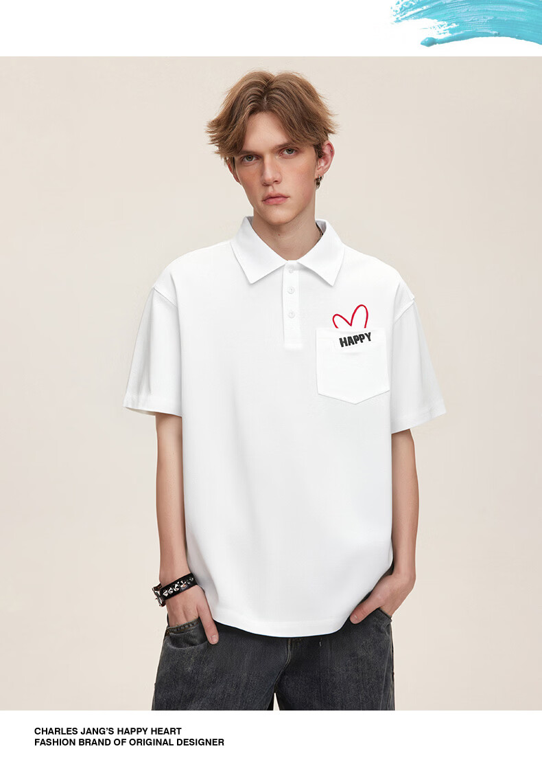 Charles Peach Heart Luxury Embroidered Couple Pure Cotton Short Sleeve Polo Shirt Summer Unisex Off-White S 7