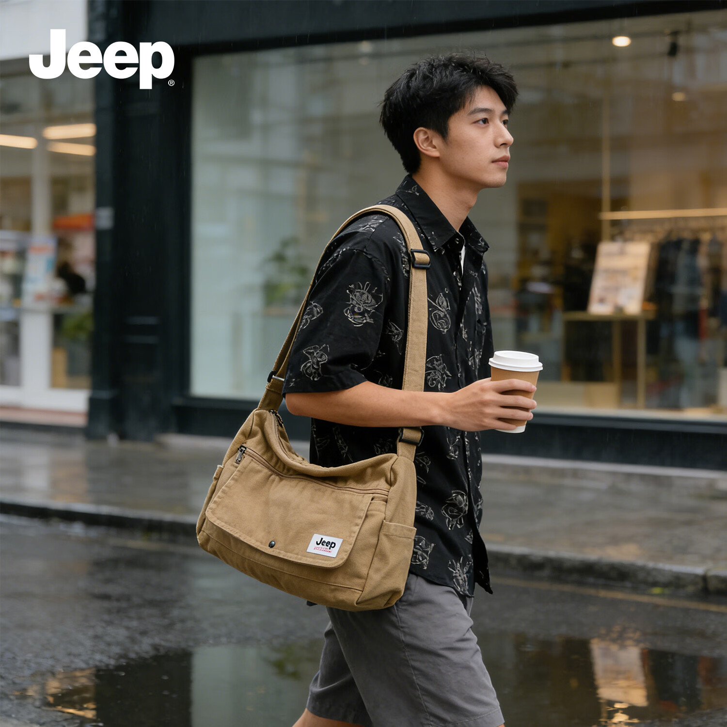 JEEP Men's Shoulder Bag Large Capacity Casual Crossbody Bag Japanese Style Canvas Crossbody Bag Brown