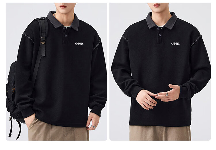 JEEP Men's Spring Autumn Polo Collar Loose Long Sleeve Base Shirt Dark Gray 3XL 8