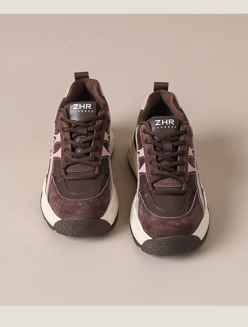 ZHR Women's Thick-Soled Dad Sneakers 2026 Spring New Retro Casual Running Shoes R126L Brown Size 37 22