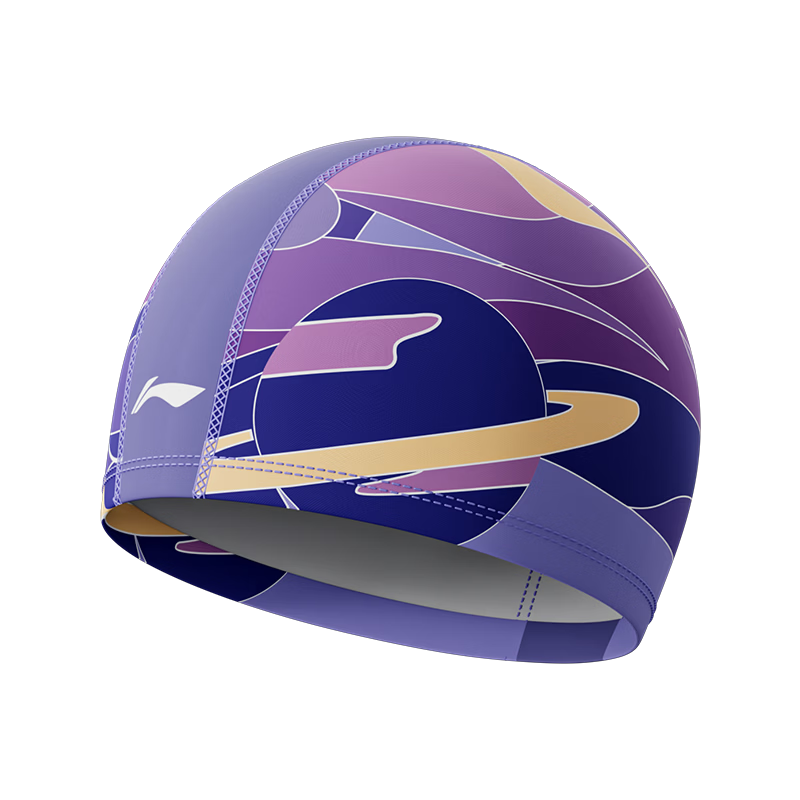 LI-NING Kids Comfortable Fabric Swimming Cap with Ear Protection, Non-Tight Printed Swim Cap 6402 Dark Purple
