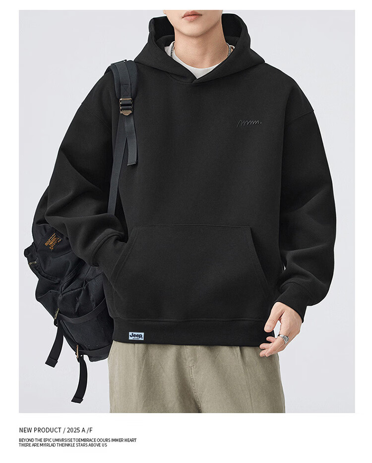 JEEP Men's Hoodie Sweatshirt Spring Autumn Embroidered Loose Fit Black L 4