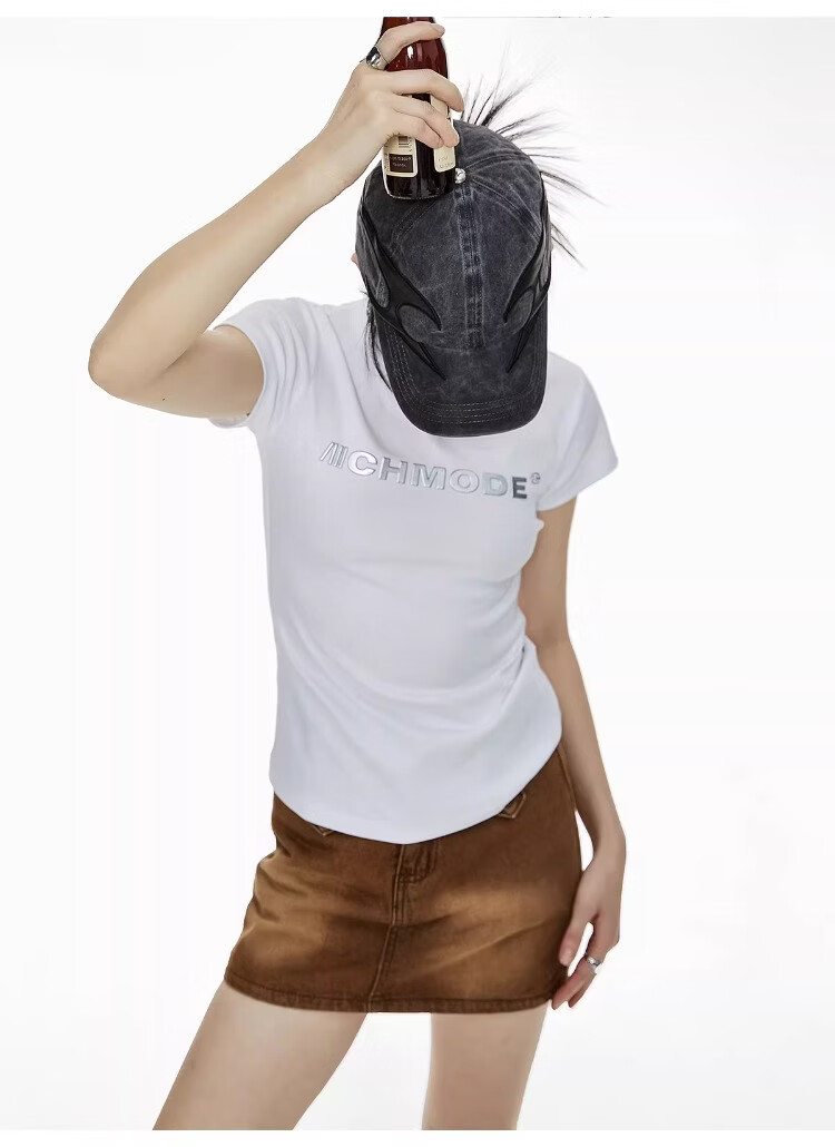 ICH MODE American Slim Fit Shoulder T-Shirt Women Summer New Short Crop Top Black L 35