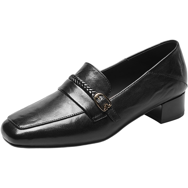 Eierkang Women's Shoes Mother's Day Gift Sheepskin Comfortable Mid-Heel Loafers Commuting Leather Shoes 26606W Black Size 39