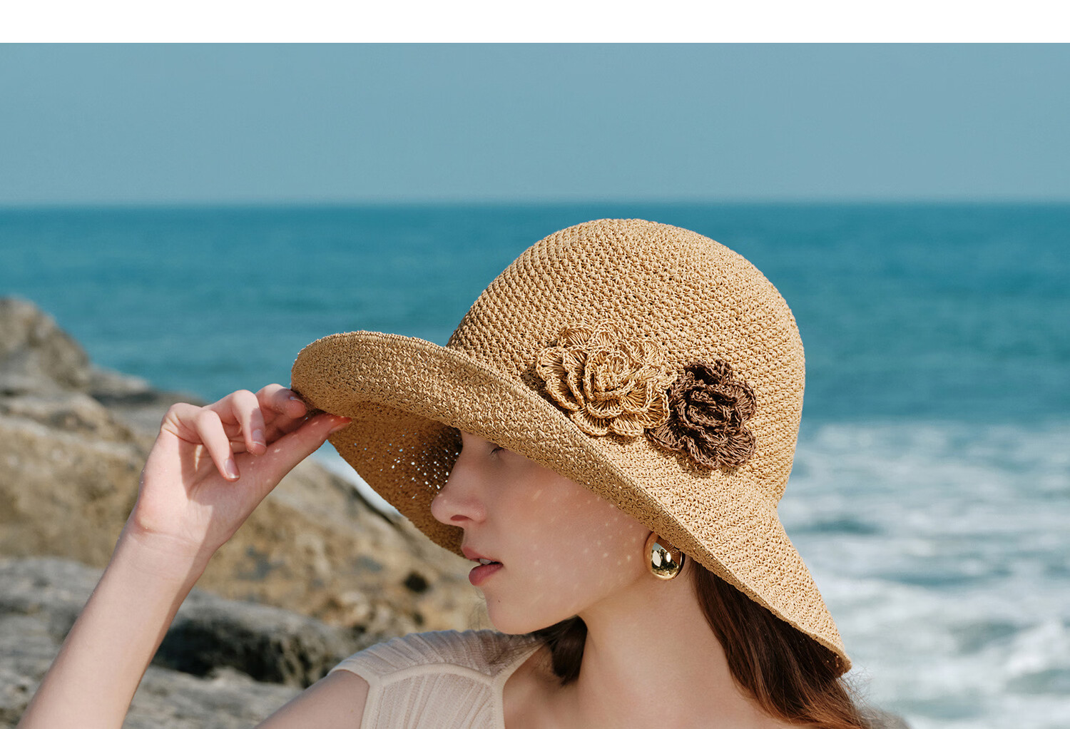 FANCET Women's Hand-Crocheted Straw Hat Spring Summer French Elegant Beach Vacation Floral Foldable Sun Hat 12