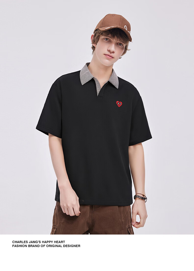 Charles Peach Heart Summer Small Heart Color-Block Breathable Cotton-Padded Couple Casual Unisex Short Sleeve Polo Shirt Off-White XS 9