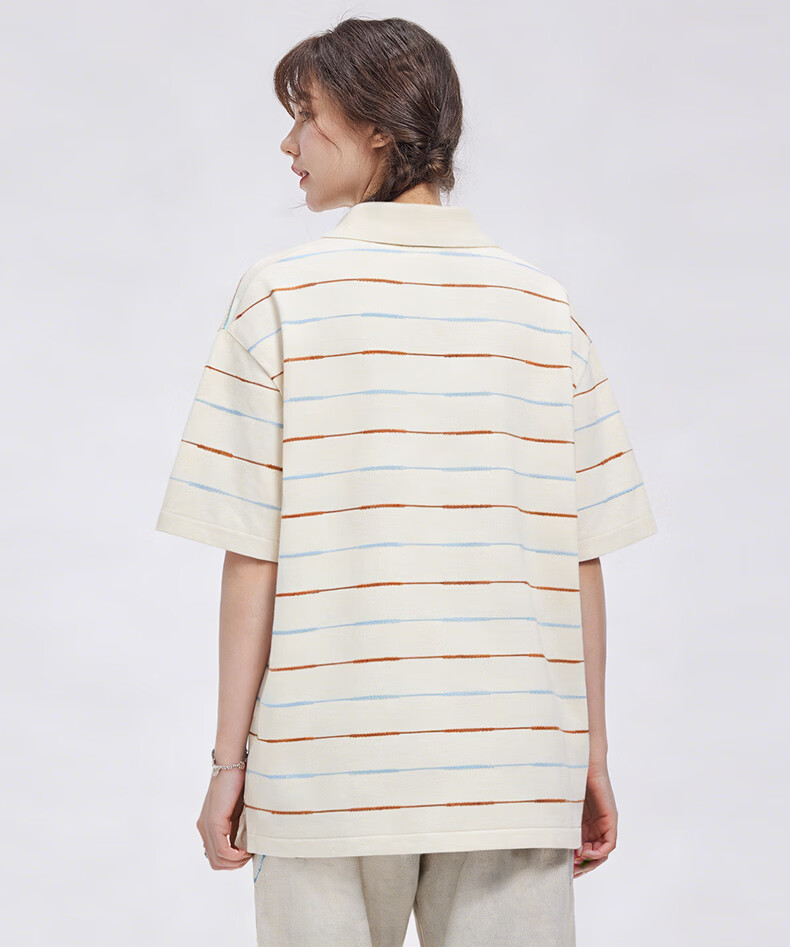 Charles Peach Heart Summer Trendy Small Heart Striped Couple Short Sleeve Polo Shirt Cool Casual Unisex Off-White XS 14