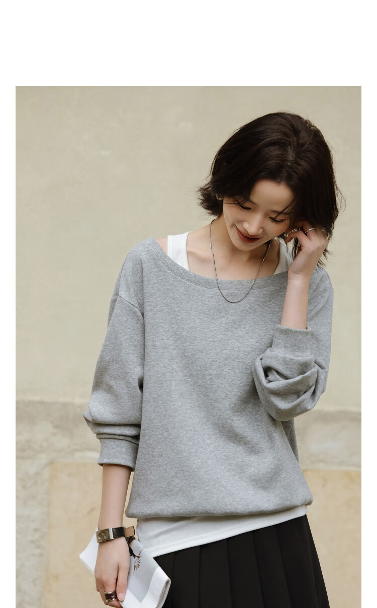 Demana [Comfort Elastic Air Layer] Spring Lazy Style Two-Piece Illusion Off-Shoulder Loose Slimming Concealing Sweatshirt for Women Premium Feel 10