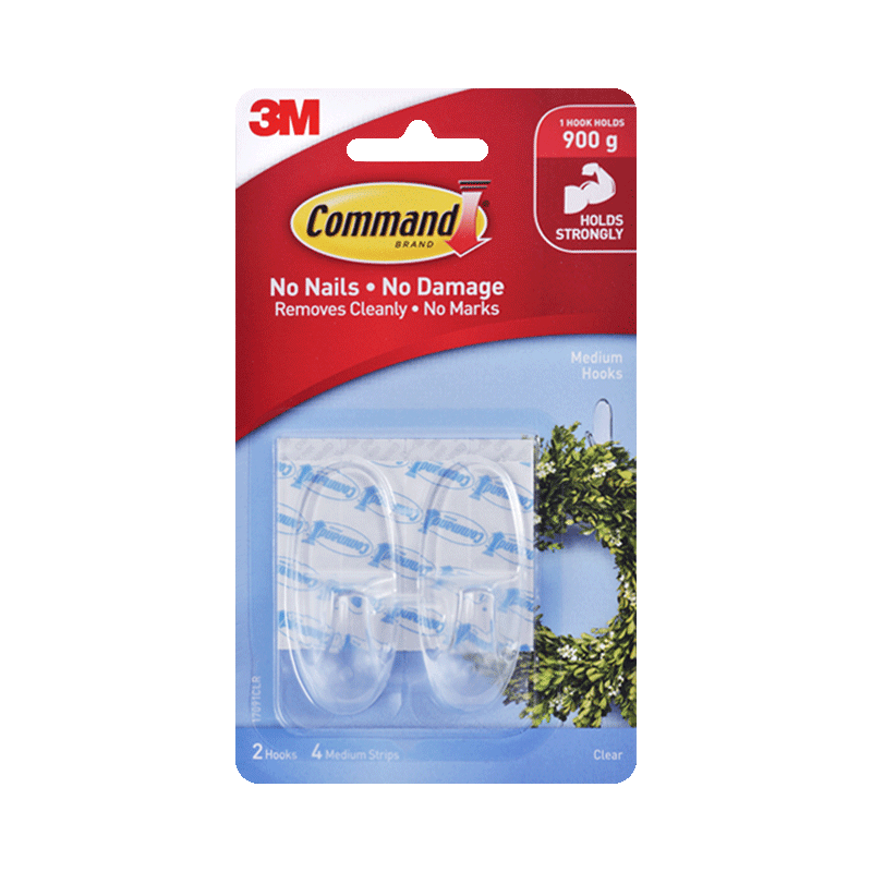 3M Transparent Hooks, No Drilling Required, Adhesive Hooks, Strong Adhesion, for Bathroom And Kitchen, 2 Pieces