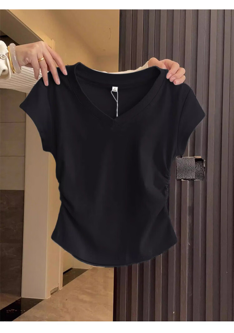 Shuangxing Women's V-Neck Short Sleeve T-Shirt Spring Summer New Design Pleated Waist Slim Fit Cropped Top Navy Blue S 6