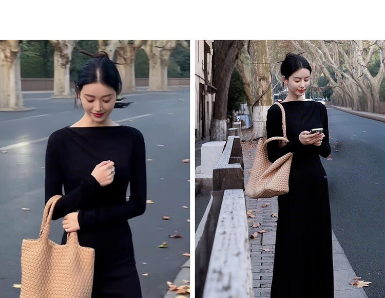 MT Elegant Curve Spring French Style Off-Shoulder Waist-Slimming High-Quality Knit Long Dress for Women 9