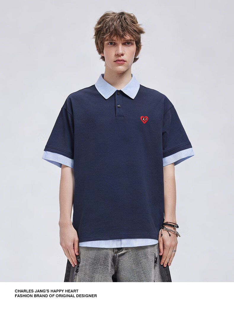 Charles Peach Heart American Style Trendy Fake Two-Piece Small Heart Pure Cotton Couple Casual Short Sleeve Polo Shirt Unisex Light Khaki XS 12