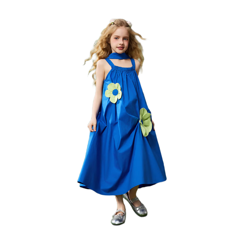 ASK JUNIOR Kids Summer Dress Girls Floral Sleeveless Vacation Long Dress Blue Size 130