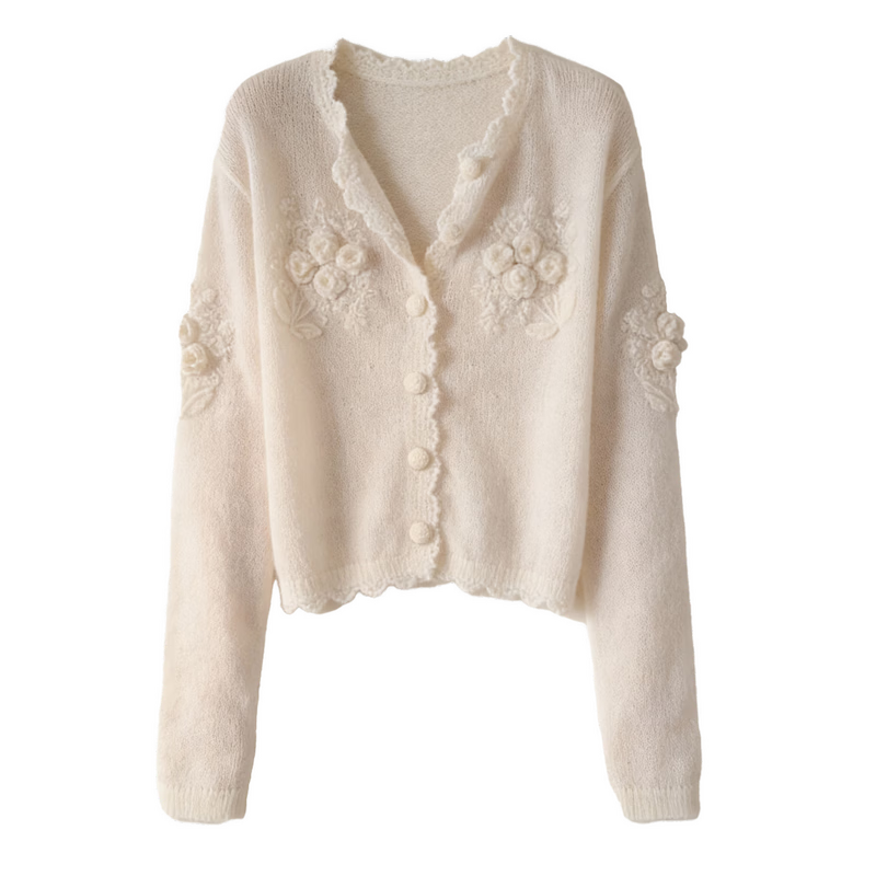 MT [Qiju Yunxu] Spring Gentle Style 3D Crochet Cardigan with Decorative Edging Soft Knit Women's Top