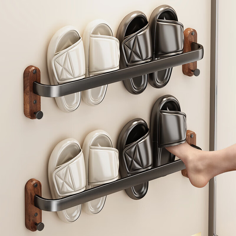 Youqin Walnut Wood Slipper Rack Bathroom Hanging Storage Shelf Wall-Mounted Draining Organizer for Toilet