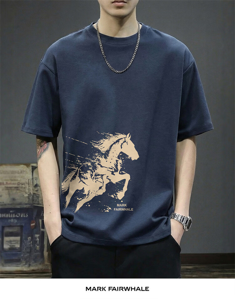 MARK FAIRWHALE Men's Heavyweight Short Sleeve T-Shirt Summer Year of the Horse Limited Edition New Year Cotton Trendy Navy Blue S 5