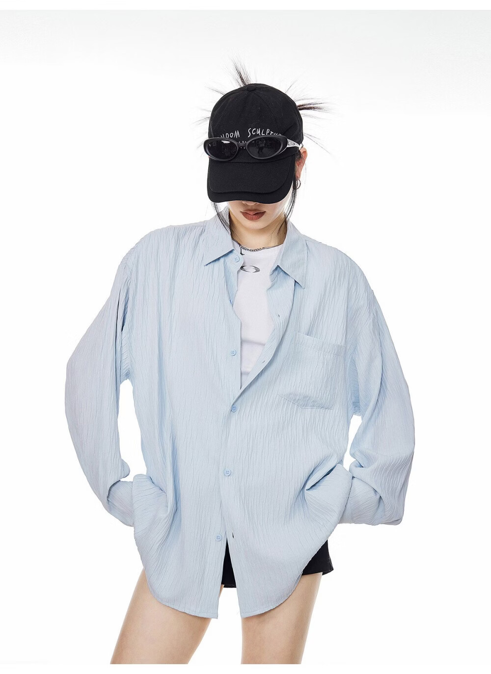 ICH MODE American Texture Physical Sunscreen Long Sleeve Shirt Women 2026 New Summer Premium Shirt Light Blue S 16