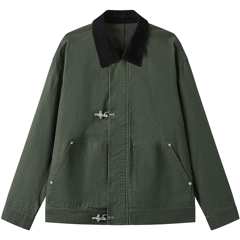 Gxgjeans Men's American Vintage Airplane Buckle Workwear Collar Jacket Coat 26 Spring New Dark Green 180/XL