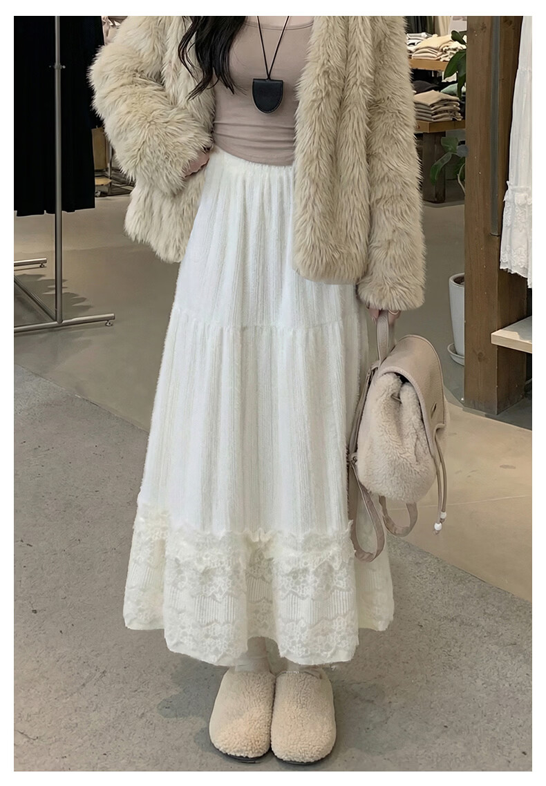 LangSha Women's Skirt 2026 Spring Lace Cake Skirt High Waist Elastic Plush Soft A-Line Long Skirt 15