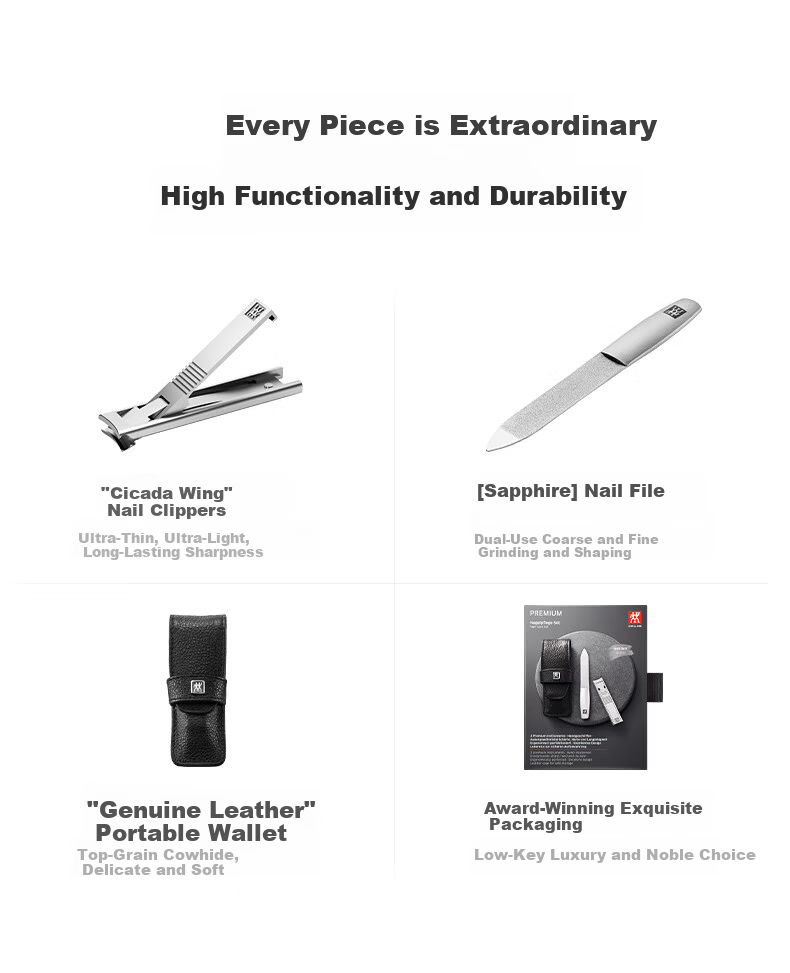 ZWILLING Cicada Wing Stainless Steel Nail Clipper Set with Nail File and Genuine Leather Case - German Business Gift 3