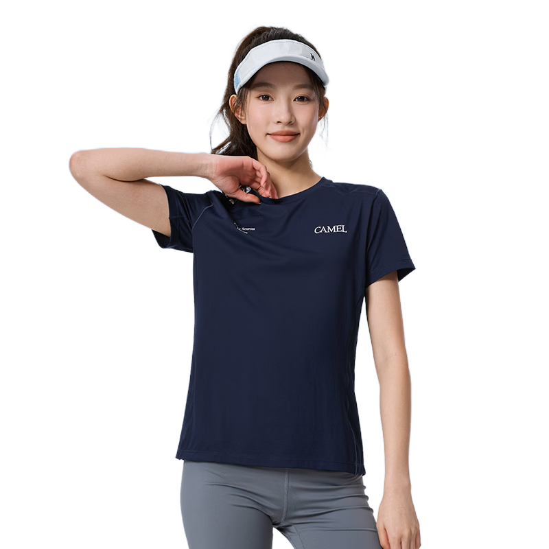 CAMEL Quick-Dry Women's Ice-Feel Sun Protection Crew Neck Short Sleeve Sports T-Shirt C26BARLG053 Night Blue M