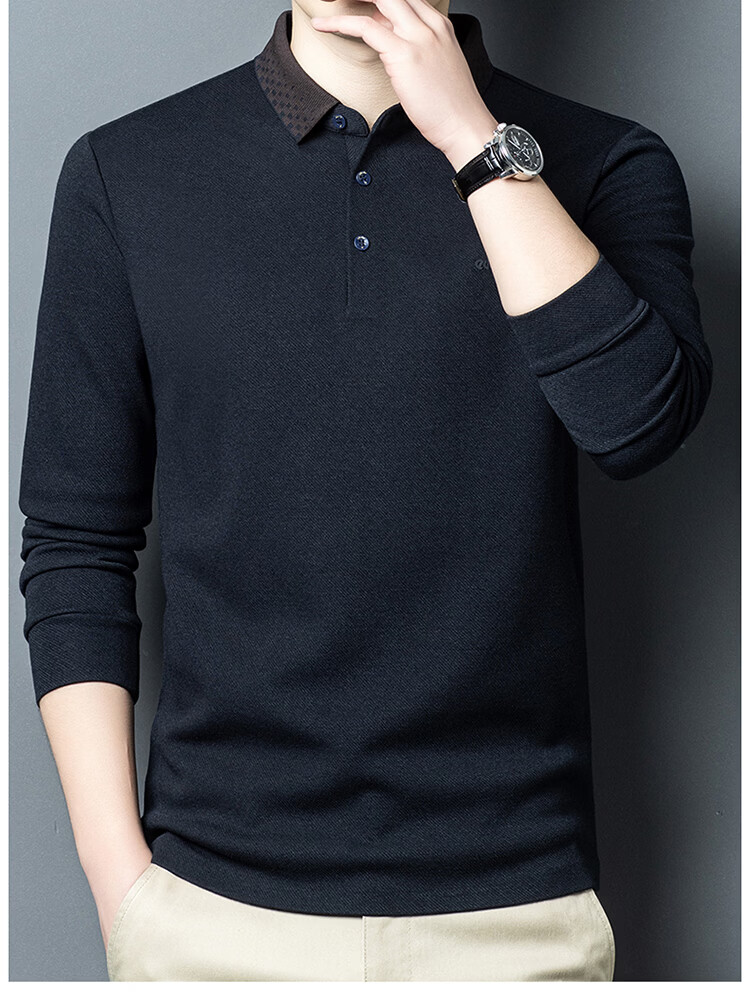 Edenbo Long Sleeve Fleece-Lined Polo Shirt Men Autumn Winter Warm Commuter Top Dark Blue 175/92A (XL) 16