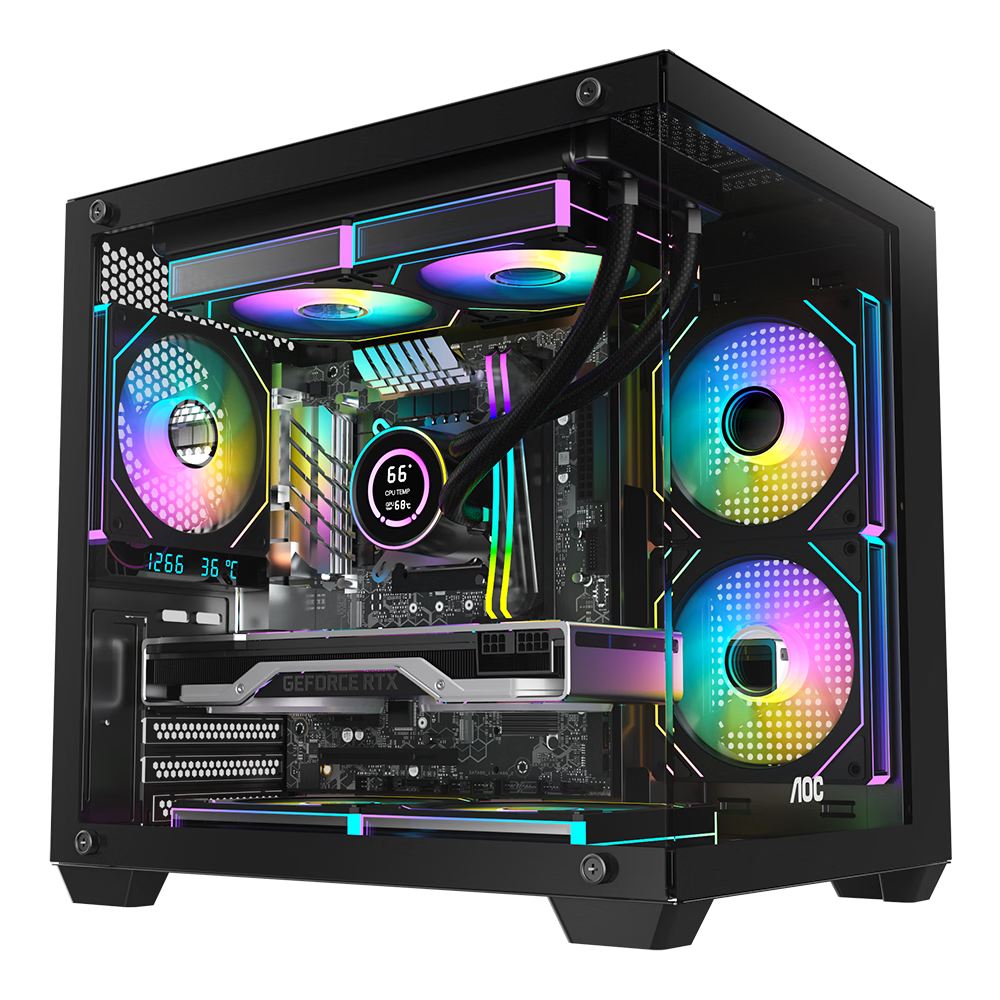 AOC CG391B Black Gaming Computer Tower Case with Panoramic View, Dual-Sided Glass, Supports MATX Motherboard, 240mm Water Cooling, 7 Fan Positions, 270° Panoramic View, Left And Right Compartment