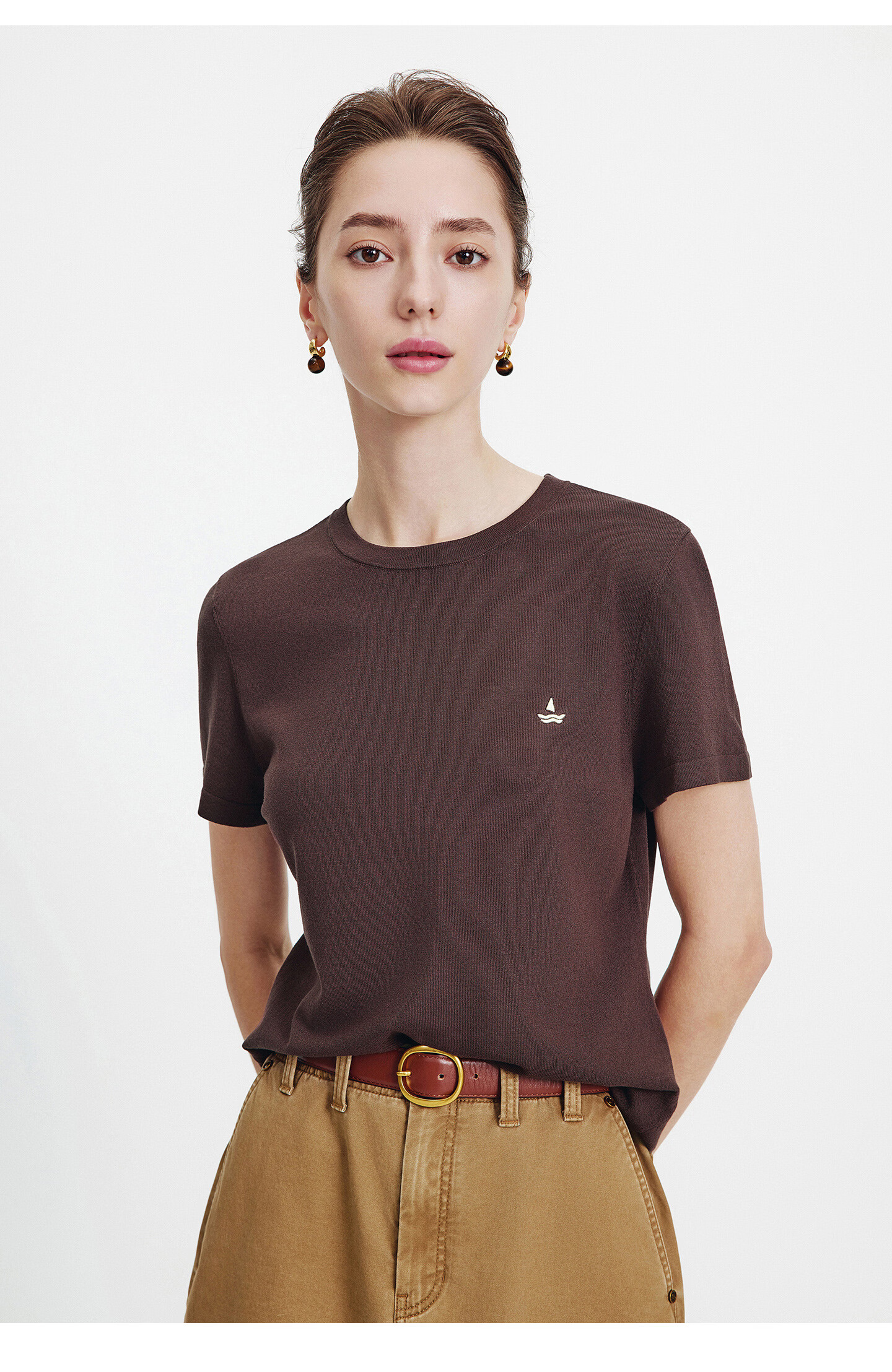 Navigare Small Sailboat Basic Short Sleeve T-Shirt Women 2026 New Round Neck Solid Color Knit Top 2325506507 70