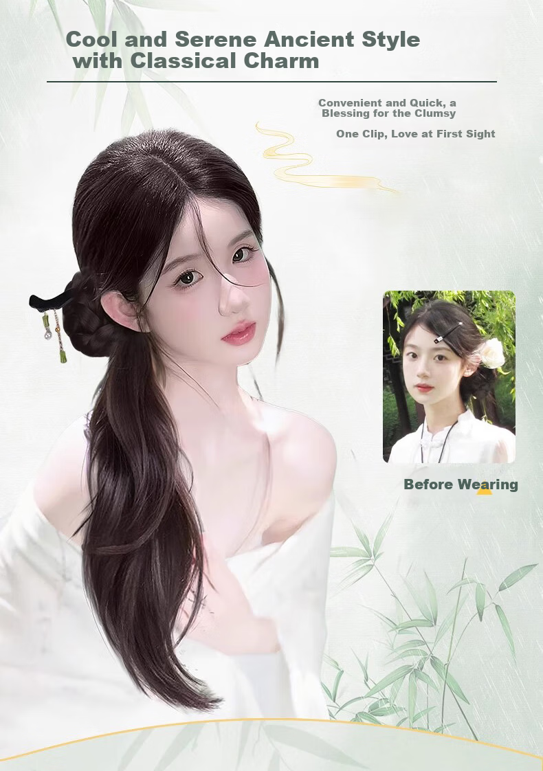 Morning Color New Chinese Style Braided Ponytail Wig for Women Lightweight National Style Ponytail Wig with Hair Clip Ancient Style Hanfu Qipao Braided Side Ponytail 2