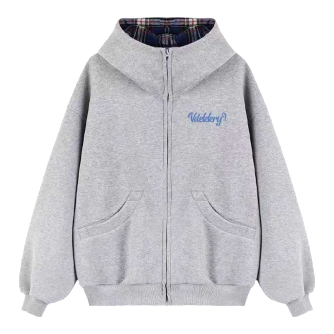 ICH MODE Celebrity Style American Plaid Patchwork Cardigan Sweatshirt Autumn Jacket Sports Cardigan Top Women Heather Gray XL
