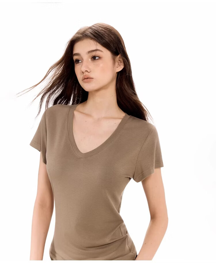 ICH MODE American Vintage Slim Fit V-Neck Cropped Short Sleeve T-Shirt Women Summer New Basic Shoulder Top Dark Purple S 14