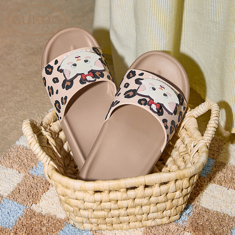 Gukoo Women's Summer Slippers Mary Cat Collaboration New Leopard Print Flat Home Sandals Milk Tea Brown Size 35-36