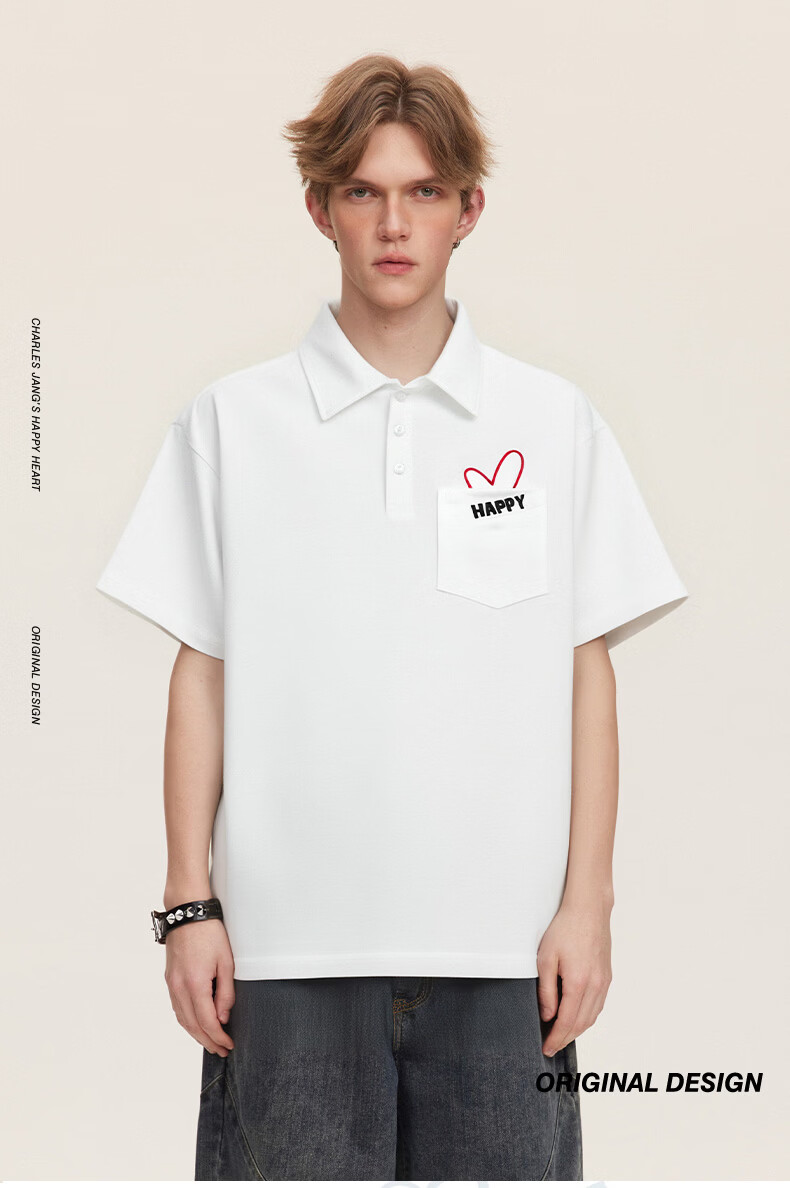 Charles Peach Heart Luxury Embroidered Couple Pure Cotton Short Sleeve Polo Shirt Summer Unisex Off-White S 1