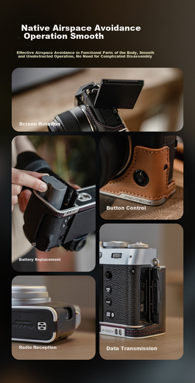 PGYTECH Fuji X100VI Camera Case Vintage Cowhide Leather Camera Bag Retro Artistic Mirrorless Leather Shell Genuine Leather Protective Case Metal Base Camera Inner Liner Protective Case Midnight Black 7