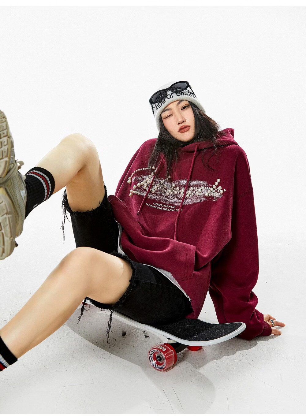 ICH MODE American Style Gray Hoodie Women 2026 Spring New Loose Casual Pullover Jacket White S 28