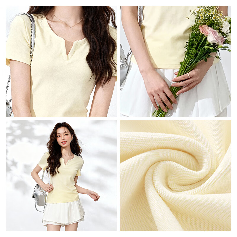 MJ STYLE V-Neck Slim Fit Short Sleeve T-Shirt for Women Summer 2026 New Waist Ruched Slimming Versatile Basic Top