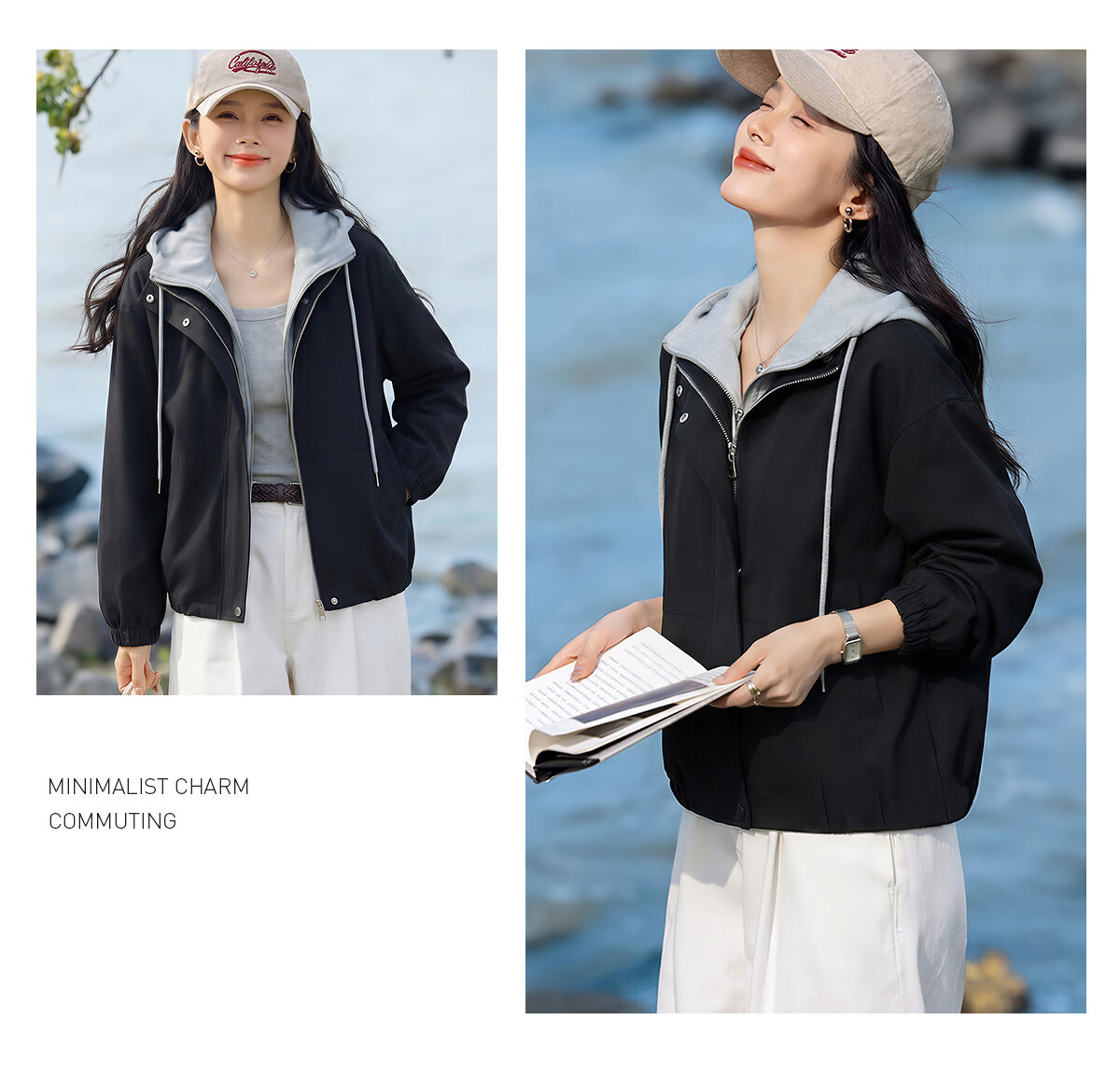 Chushen Women's Spring and Autumn Short Jacket Hooded Two-Piece Colorblock Loose Casual Jacket S61D115 8