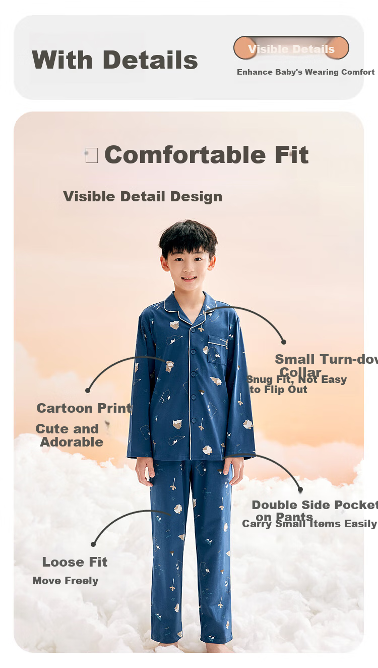 Hodohome Boys' Pajamas Combed Cotton Cardigan Long Sleeve Long Pants Homewear 519 165 7
