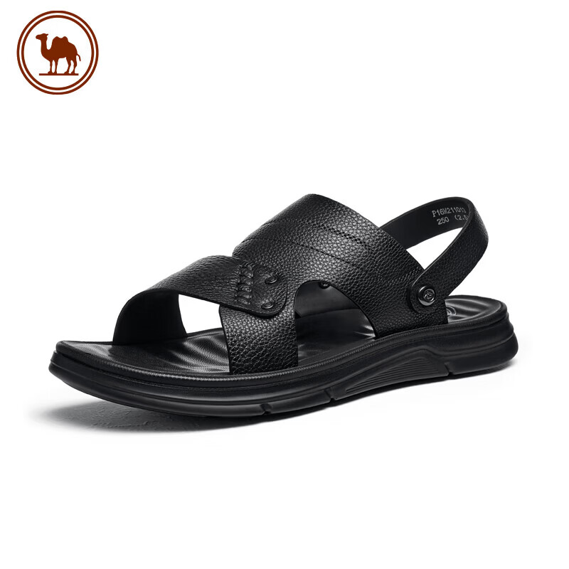 Camel Brand Men's Sandals First Layer Cowhide Beach Shoes Open Toe Breathable Dual-Wear Slippers P16M211013 Black Size 38