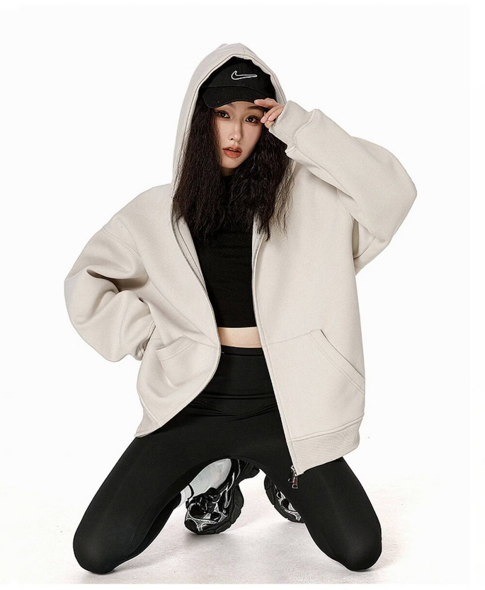 ICH MODE Women's American Style Hoodie Jacket 2026 Spring Autumn New Loose Fit Zip-up Lazy Long Sleeve Top Black S 40