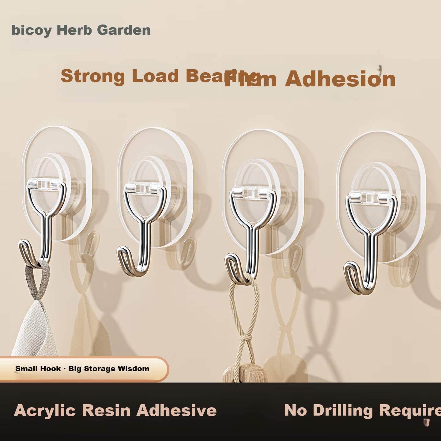Baicaoyuan Strong Adhesive Hook Stainless Steel No-Drill Heavy Duty Transparent Wall-Mounted Hook for Dormitory Kitchen Bathroom