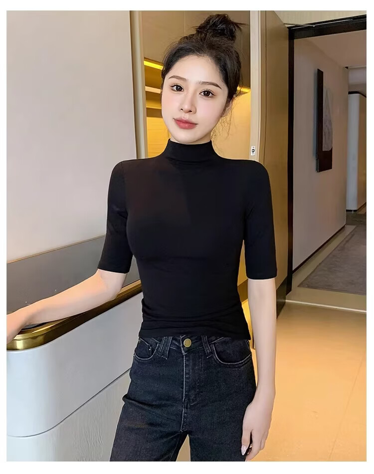 Shuangxing Women's Half Turtleneck Half Sleeve T-Shirt, 5/10 Sleeve Spring Summer New Style, Black, 2XL 11