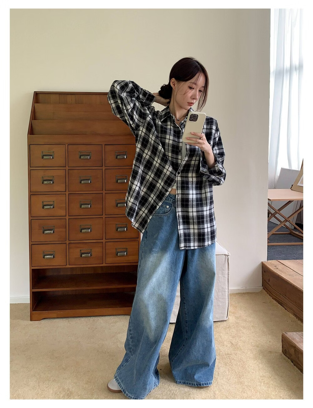 ICH MODE "Jeju Island Breeze" Brushed Plaid Shirt Jacket Women Vintage Check Long Sleeve Korean Style Shirt Blue L 16