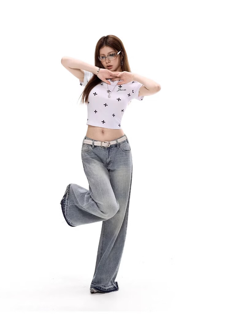 ICH MODE American Style All-Over Print Slim Fit Cropped T-Shirt for Women 2026 New Summer Hot Girl Round Neck Top Small Shoulder Pink L 6
